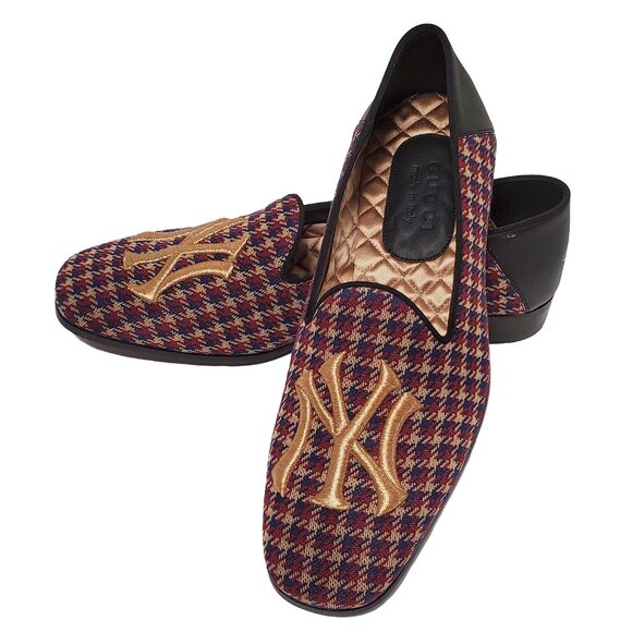 GUCCI SHOES MENS NY YANKEES PATCH CROSS CHECK WOOL GALLIPOLI LOAFERS 7 US 7.5 - Picture 1 of 16